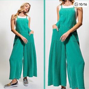 Easel Here I Am Mineral Washed Green Cotton Wide Leg Jumpsuit Boho L